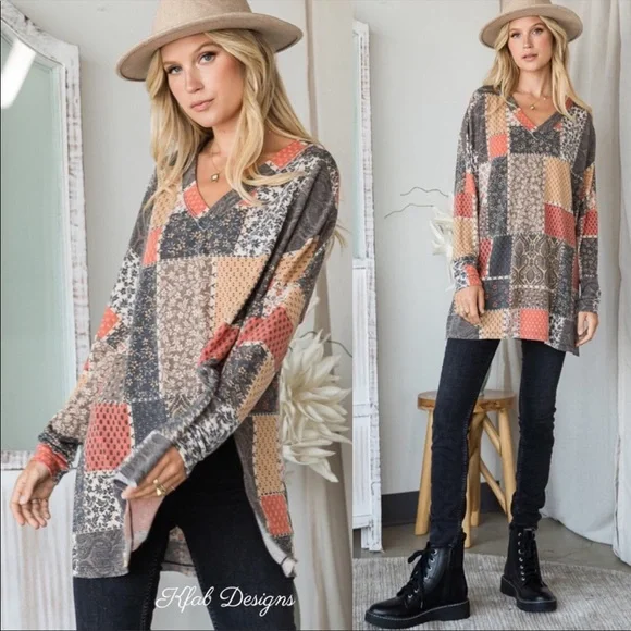 LAST 2! V Neck Patchwork Relaxed Fit Side Slit Detail Top! - Picture 8 of 8